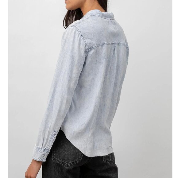 Rails Ingrid Light Acid Wash Raw Hem Button Up Shirt Lyocell Linen sz S - Picture 3 of 16